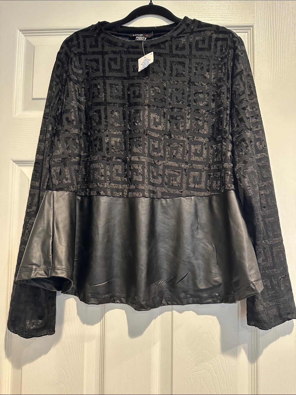 Love Black Polyester Top with Faux Leather Detail  RUNS SMALL